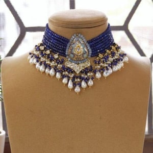Navy Blue Kundan Choker Necklace Set: Indian Wedding Jewelry
