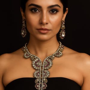 May include: A woman wearing a silver-toned necklace and matching earrings. The jewelry features a floral design with clear and ruby-colored stones. The woman is wearing a black strapless top against a dark background.