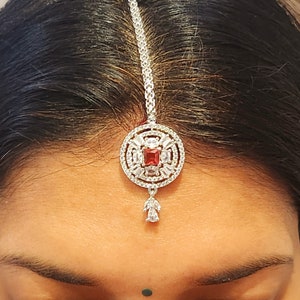 Ruby Red Cz Stone maang tika for women perfect for special Occasion, Nethi Chutti, Indian Jewelry, Cz Stone maang tika