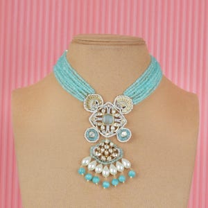 Blue Kundan Polki Choker, Indian Jewelry, Indian Necklace, Indian Choker, Indian Wedding Necklace Set, Kundan Choker