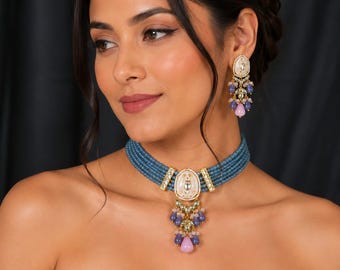Navy Blue Beaded Necklace with Lavender Drop Earrings : Twilight Bloom Kundan Choker Set