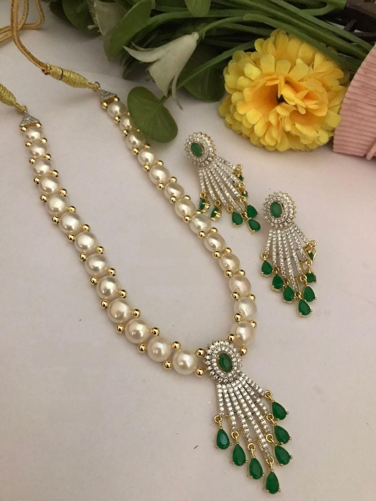 Pearl and Emerald Drop Necklace Set - Traditional Indian Jewelry
