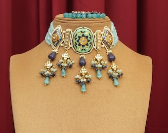 Handcrafted Blue Meenakari Choker Necklace Set - Indian Wedding Jewelry, Bridal Jewelry