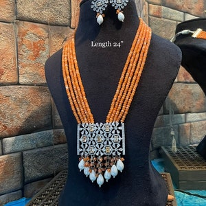 Orange Pearl Victorian Necklace: Long Kundan Indian Jewelry