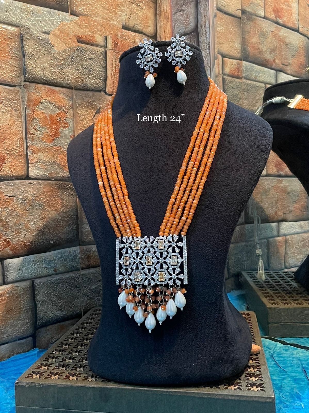 Orange Pearl Victorian Necklace: Long Kundan Indian Jewelry
