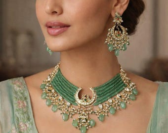 Traditional Green Beaded Kundan Necklace Set - Royal Bridal Jewelry, Indian Wedding Jewelry