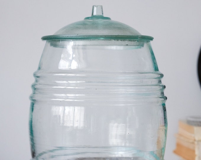 Rare Vintage Blue Glass Jar. Barrel With Lid. Antique Soviet Bottle