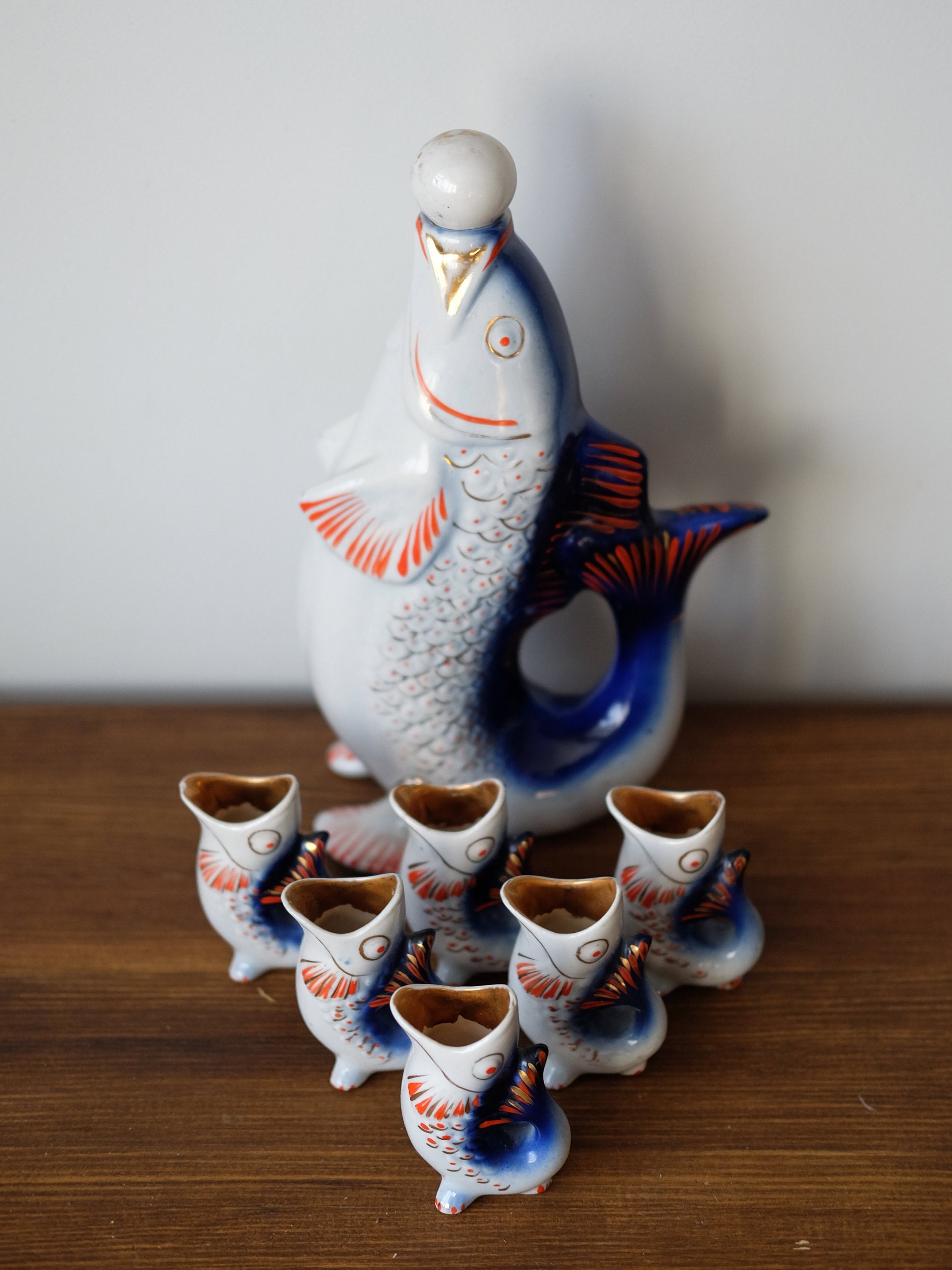Vintage Soviet porcelain fish decanter and 6 shot glasses Etsy