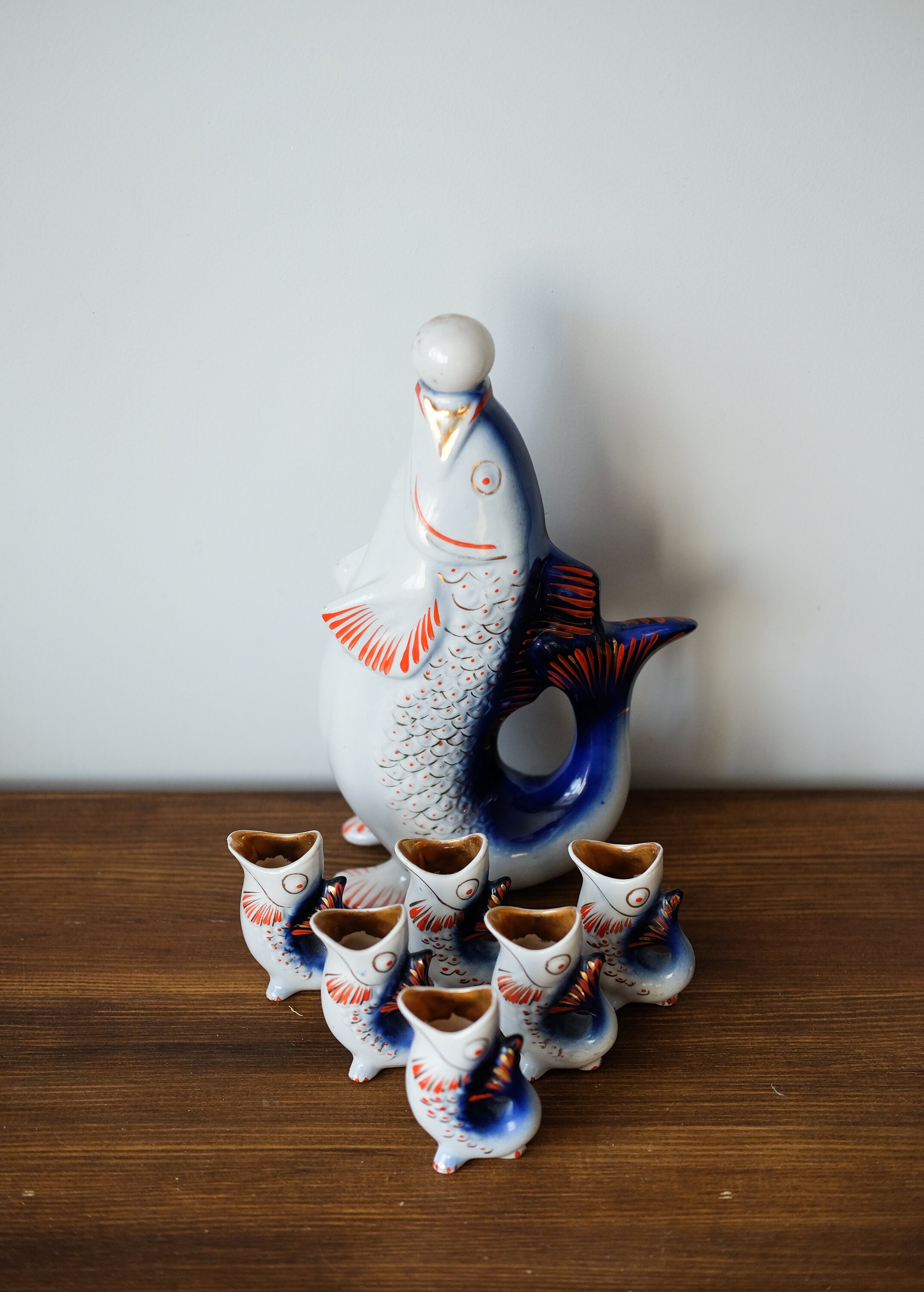 Vintage Soviet porcelain fish decanter and 6 shot glasses Etsy