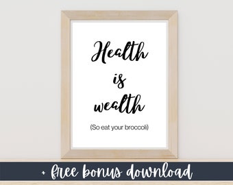 Health is Wealth Vegan Kitchen Wall Art Decor Sign, Funny Healthy Living Alternative Lifestyle Poster for Home, Doctor Office