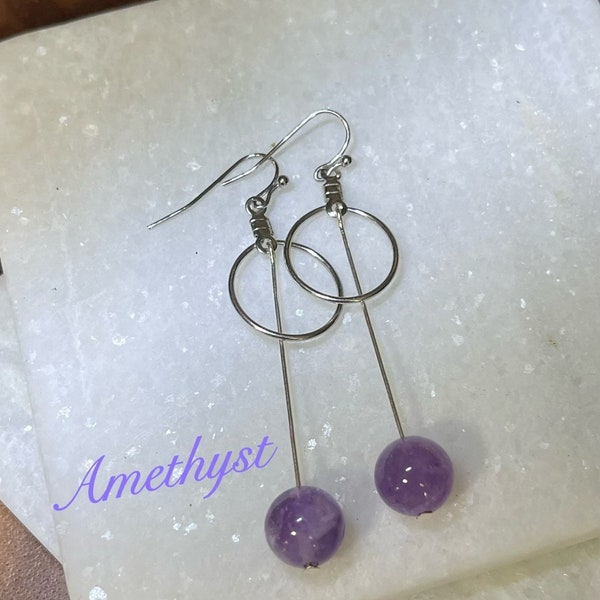 Amethyst Earrings, Genuine Cultured Purple Crystal Beads Earrings, Hoop Amethyst Earrings, Dangle Amethyst Earrings, February Birthstone