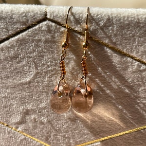 Tear Drop Earrings, Rose Quartz Beads, Minimalist Earrings, Silver or plated gold, Simple Jewelry, Gift For Her