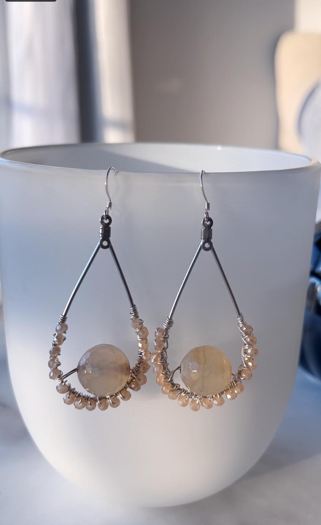 Buy Large Tear Drop Shape Earrings With Champagne Color Beads and Agate;  Handmade; Gift for Her Online in India