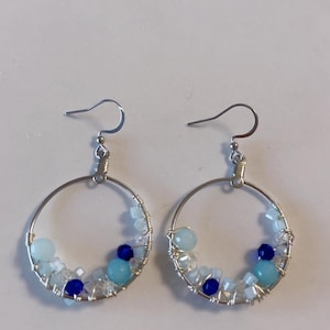 Small Hoop earrings wiring with multiple shades of blue or green glass beads; silver or gold plated; handmade jewelry; gift for her