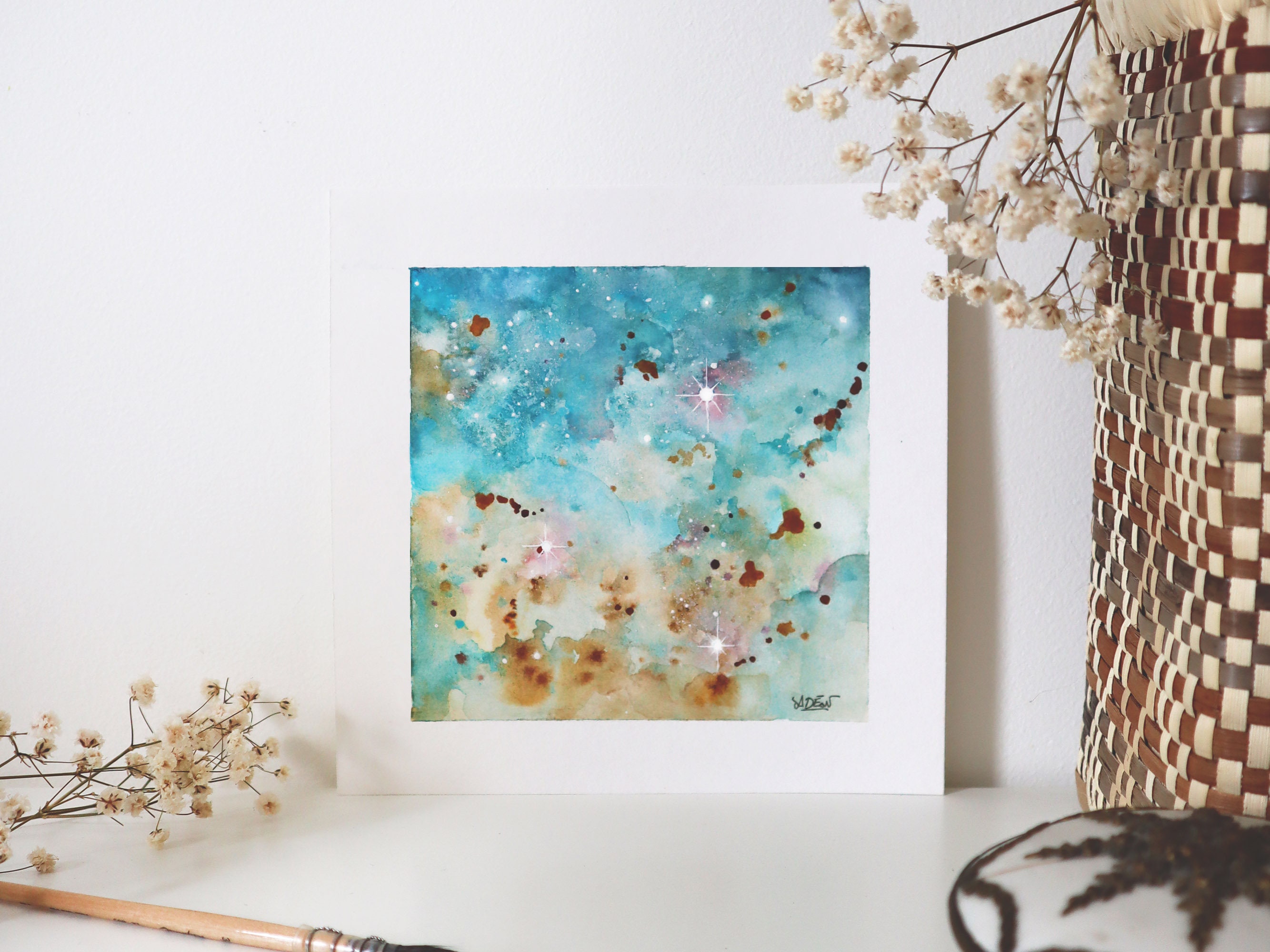 Aquarelle Nébuleuse Turquoise 16x16cm/Galaxie Cadeau Décoration