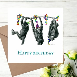 Biglietto di auguri scimpanzé di buon compleanno, scimpanzé, arte scimpanzé, biglietto di buon compleanno, animale, scimmia, safari, carta della fauna selvatica, carta glitter
