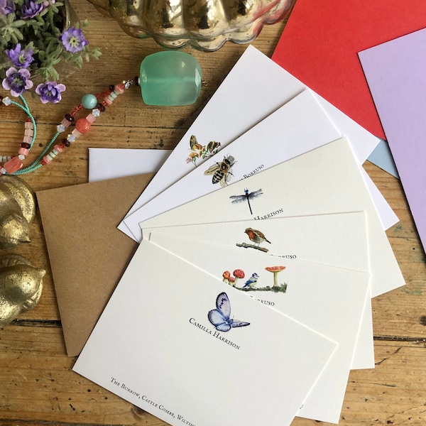 Personalized English Garden Note Cards: Bespoke Bird & Bee Stationery