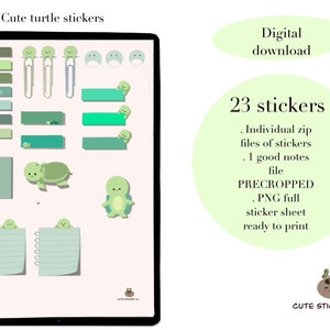 May include: A digital download of 23 turtle-themed stickers. The stickers are pre-cropped and ready to print. The image shows a digital tablet displaying the stickers, along with the text "Cute turtle stickers" and "Digital download".