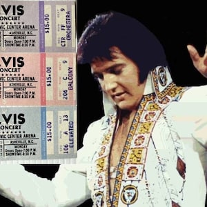 ELVIS PRESLEY "In Concert" 3 Unbenutzte Tickets: Lila, Pink und Blau (eine von jeder Farbe) aus Asheville, Navy, 30.Mai 1977."