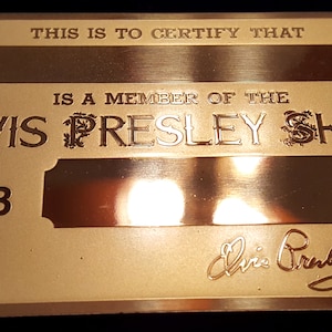 Elvis Presley SHOW MITGLIED I.D. (Metall) KARTE, Original mit Doku UltraRARE Mint