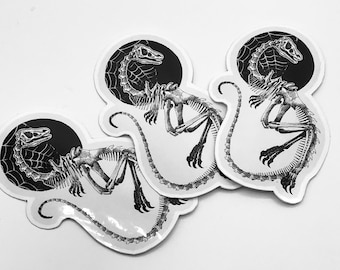 Skeletal Velociraptor laptop stickers by Avery Multer