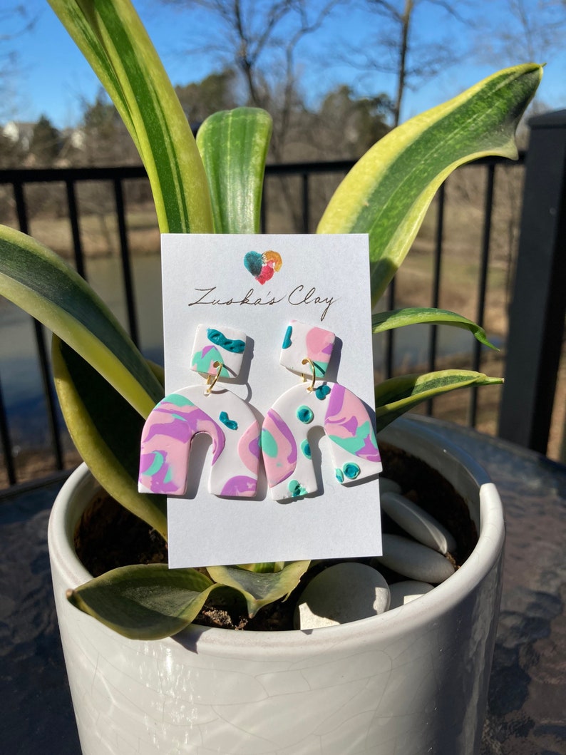 Little Zuska/'s 80s Roller Rink Handcrafted Arch Clay Statement EarringsPink and Mint on White Drop EarringsSummer Retro Earrings
