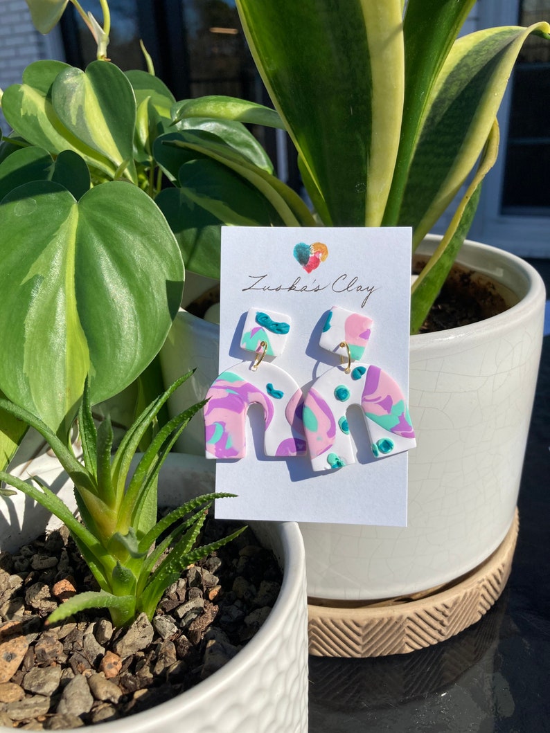 Little Zuska/'s 80s Roller Rink Handcrafted Arch Clay Statement EarringsPink and Mint on White Drop EarringsSummer Retro Earrings