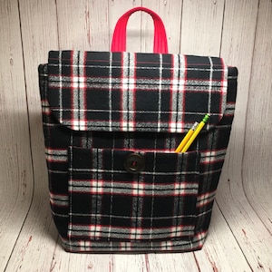 Simply Cozy Black Red and White Flannel Tartan Plaid Backpack Purse, Kids Backpack with 4 Pockets!  Ready to Ship!