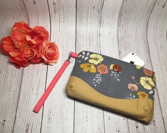Simply Bright Coral, Yellow and Gray Floral Clutch Purse, Wallet, Wristlet with 6 pockets!  Ready to Ship!