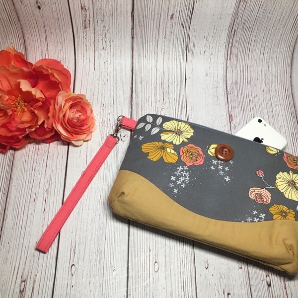 Simply Bright Coral, Yellow and Gray Floral Clutch Purse, Wallet, Wristlet with 6 pockets!  Ready to Ship!