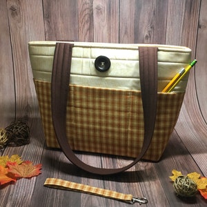 Simply Rustic Woven Light Brown Patchwork Fall/Autumn Plaid Leaf Purse Tote Bag with 8 Pockets and Matching Key Chain! Ready to Ship!