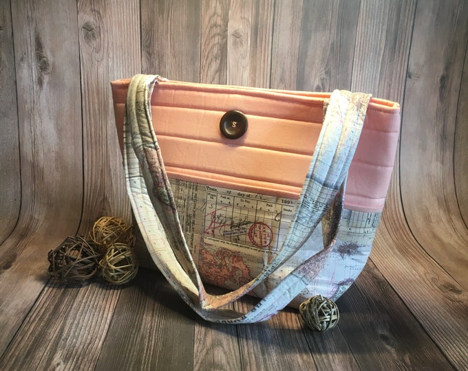 Handmade, Quilted Simple Peach World Map Purse Tote Bag with 8 pockets! Ready to Ship!