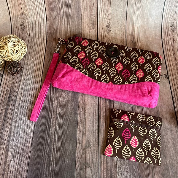 Simply Bright Fun Pink Brown Leaf Fall Clutch Purse, Wallet, Wristlet with 6 pockets and Matching Coin Purse!  Ready to Ship!