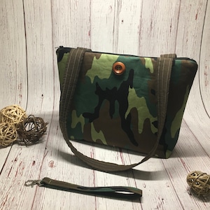 Simply Thankful for the Service Army Camouflage Little Purse Tote Bag with 4 Pockets and Matching Key Chain! Ready to Ship!