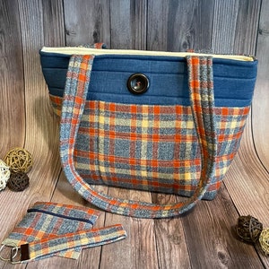Simply Adorable Flannel Fall Orange Yellow Plaid Denim Purse Tote Bag with 12 Pockets, Matching Key Chain and Coin Purse! Ready to Ship!