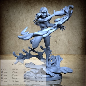 May include: A light blue figurine of a woman in a dynamic pose, with flowing hair and a stylized water element. The figurine is labeled "OPTION: UNICA" with size details in millimeters. The base is a wave-like form.