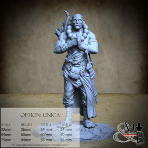 May include: A detailed figurine of a bald, muscular warrior in a praying pose, with a bow and arrows on his back. He wears a robe, bandages, and carries a sword. The base has the text "OPTION: UNICA" and size details in millimeters.