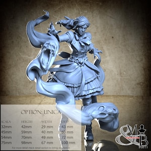 May include: A light blue figurine of a woman in a dress, with flowing fabric and a skull-shaped element. The figurine has the text "OPTION: UNICA" and size details in millimeters. The figurine is a fantasy-themed item.