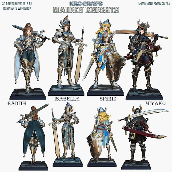 Maiden Knights - Set of 4 Resin Miniatures by Ronin Art Workshop - DnD, RPG, Wargame, and Display to Color