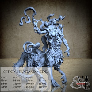 Può includere: Figurina fantasy grigia dettagliata di una creatura simile a un centauro con testa scheletrica, corna e armatura intricata. La figura tiene in mano un oggetto a forma di nastro a spirale. Il testo sull'immagine recita "OPTION: STANDARD MODEL" con specifiche delle dimensioni.