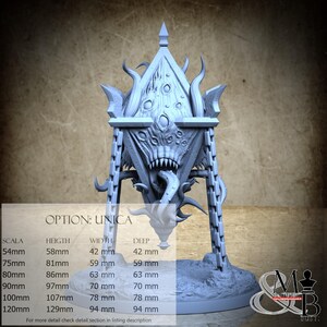 May include: A detailed, light blue Unica miniature, featuring a monstrous face with sharp teeth and tentacles. The structure includes a pointed top and chain-like supports. Measurements range from 58mm height, 42mm width, and 42mm deep to 129mm height, 94mm width, and 94mm deep.