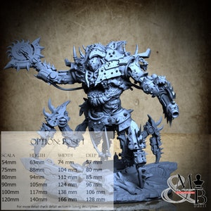 Puede incluir: Figura en miniatura gris detallada de un guerrero monstruoso con elementos mecánicos y orgánicos. La figura empuña un arma en forma de sierra y un cañón. La base tiene el texto "OPTION: POSE 1" y detalles de tamaño en milímetros.