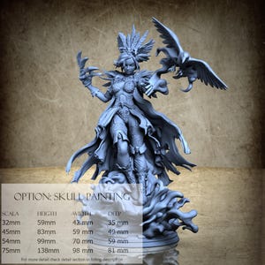 Può includere: Statuetta azzurra di una donna con copricapo di piume e mantello, che tiene in mano un uccello. La statuetta è montata su una base a spirale. Il testo "OPTION: SKULL PAINTING" è visibile. Misure in millimetri.