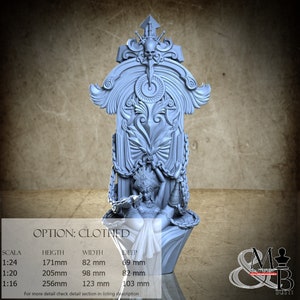 May include: A light blue, ornate sculpture featuring a female figure, chains, and decorative elements. The sculpture includes a skull, wings, and text that reads "OPTION: CLOTHED". Measurements are provided in millimeters, with heights ranging from 17.1cm to 25.6cm.