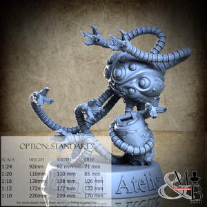 May include: A gray, 3D-printed figurine of a stylized robot with multiple tentacle-like appendages. The robot has a round head with multiple eye-like features and mechanical details. The base includes the text "Atelier" and "OPTION: STANDARD" with size details in millimeters.