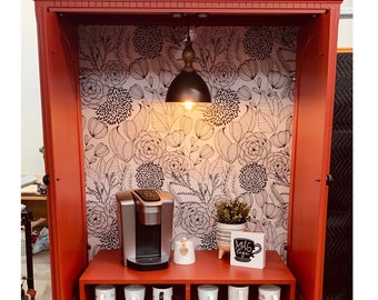 AVAILABLE NOW! Beautiful RED custom armoire coffee bar, coffee station, beverage station, rustic coffee cabinet, wine bar