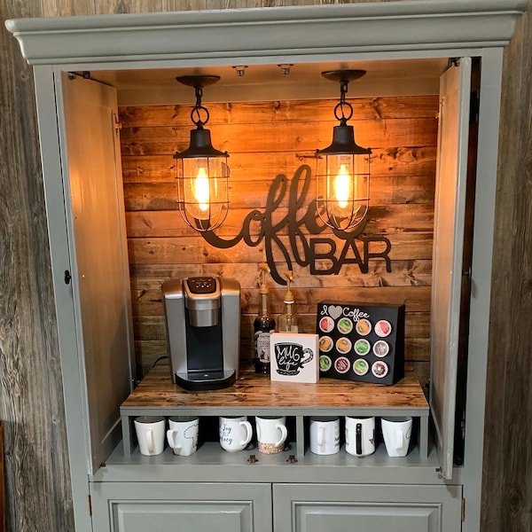 SOLD! Farmhouse custom armoire coffee bar, beverage station, rustic coffee cabinet, wine bar, armoire bar, craft bar, craft cabinet
