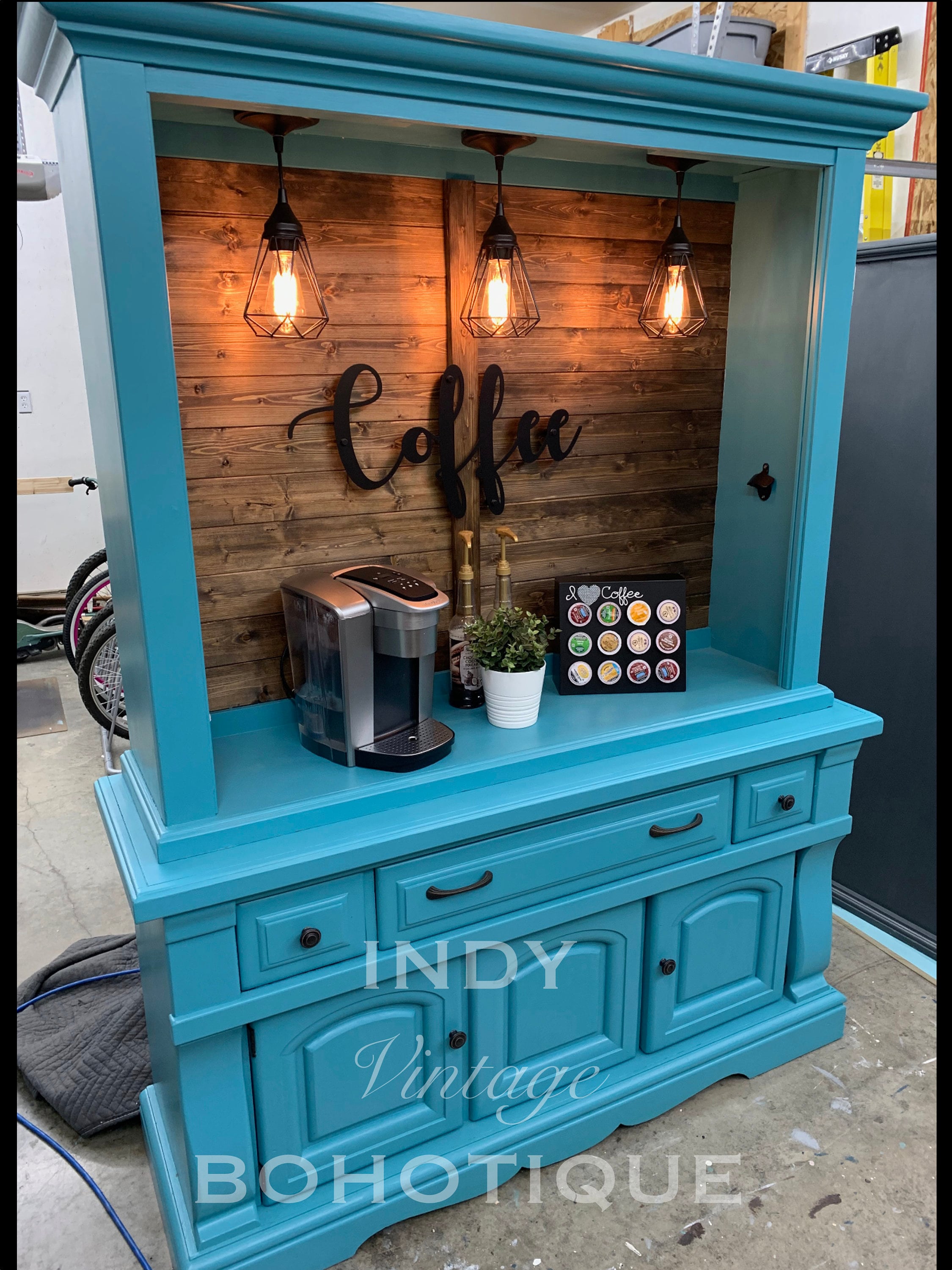 SOLD Custom Teal blue large china hutch coffee bar Etsy