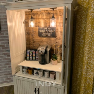 SOLD! Custom armoire coffee bar, coffee station, beverage station, rustic coffee cabinet, wine bar