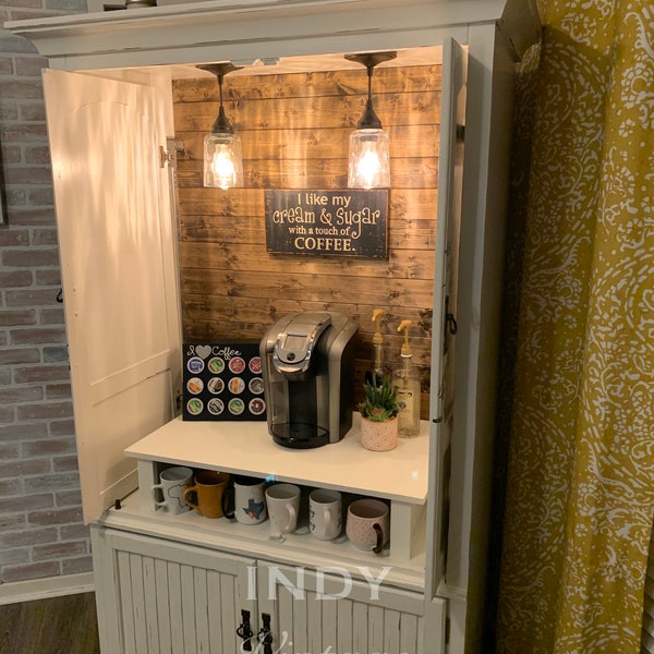 SOLD! Custom armoire coffee bar, coffee station, beverage station, rustic coffee cabinet, wine bar